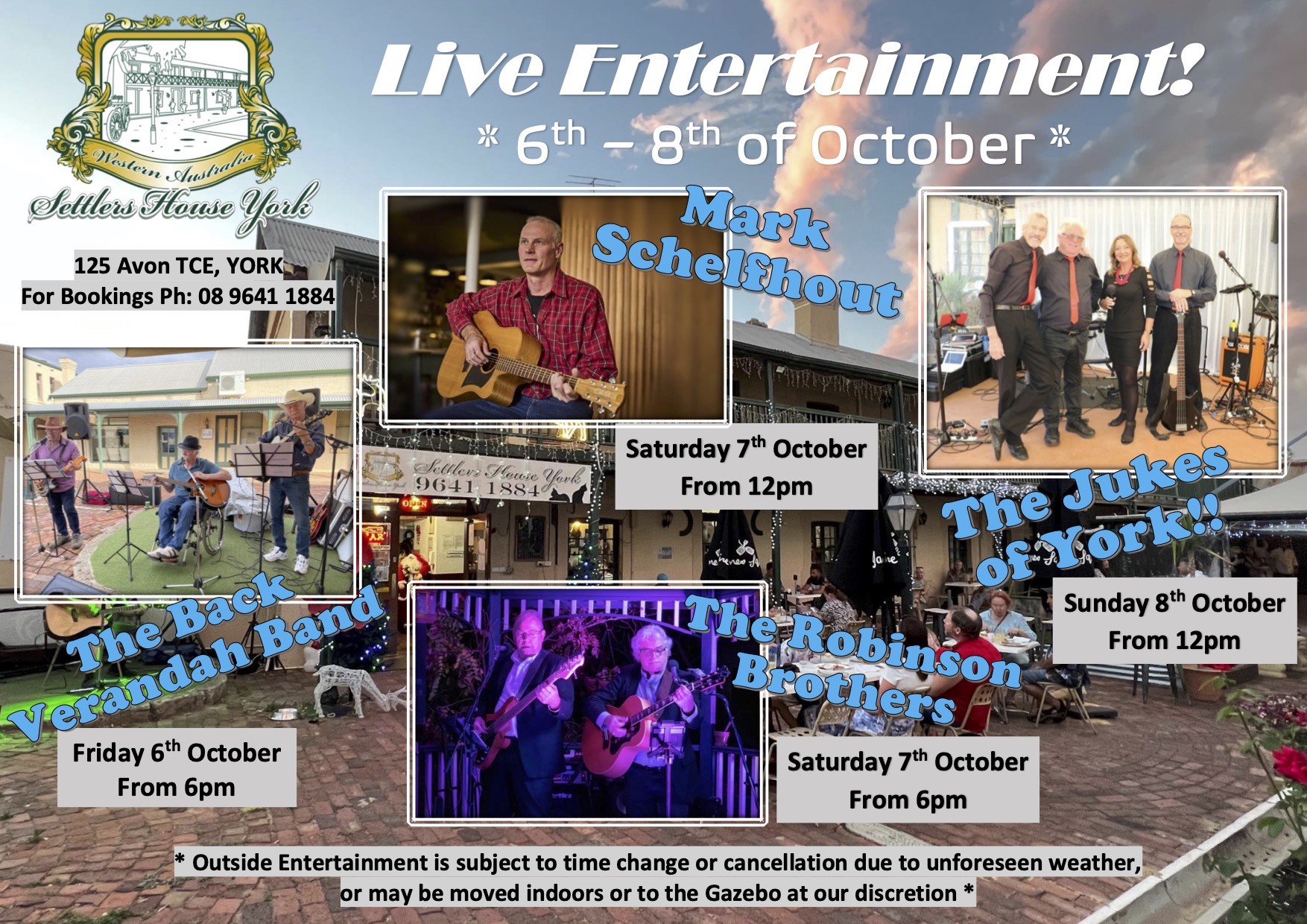 Live Entertainment at Settlers House York  6 - 8 October 2023